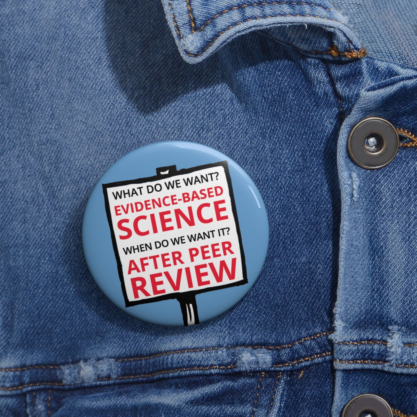 Button: "What Do We Want? Evidence-Based Science. When Do We Want It? After Peer Review."