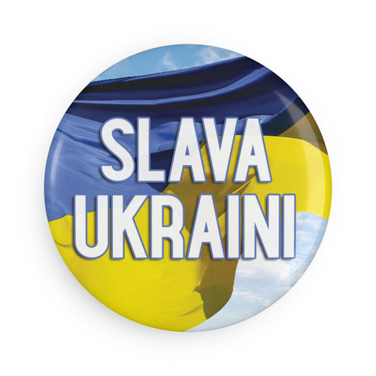 Button: Slava Ukraini (Glory to Ukraine), with Ukranian Flag