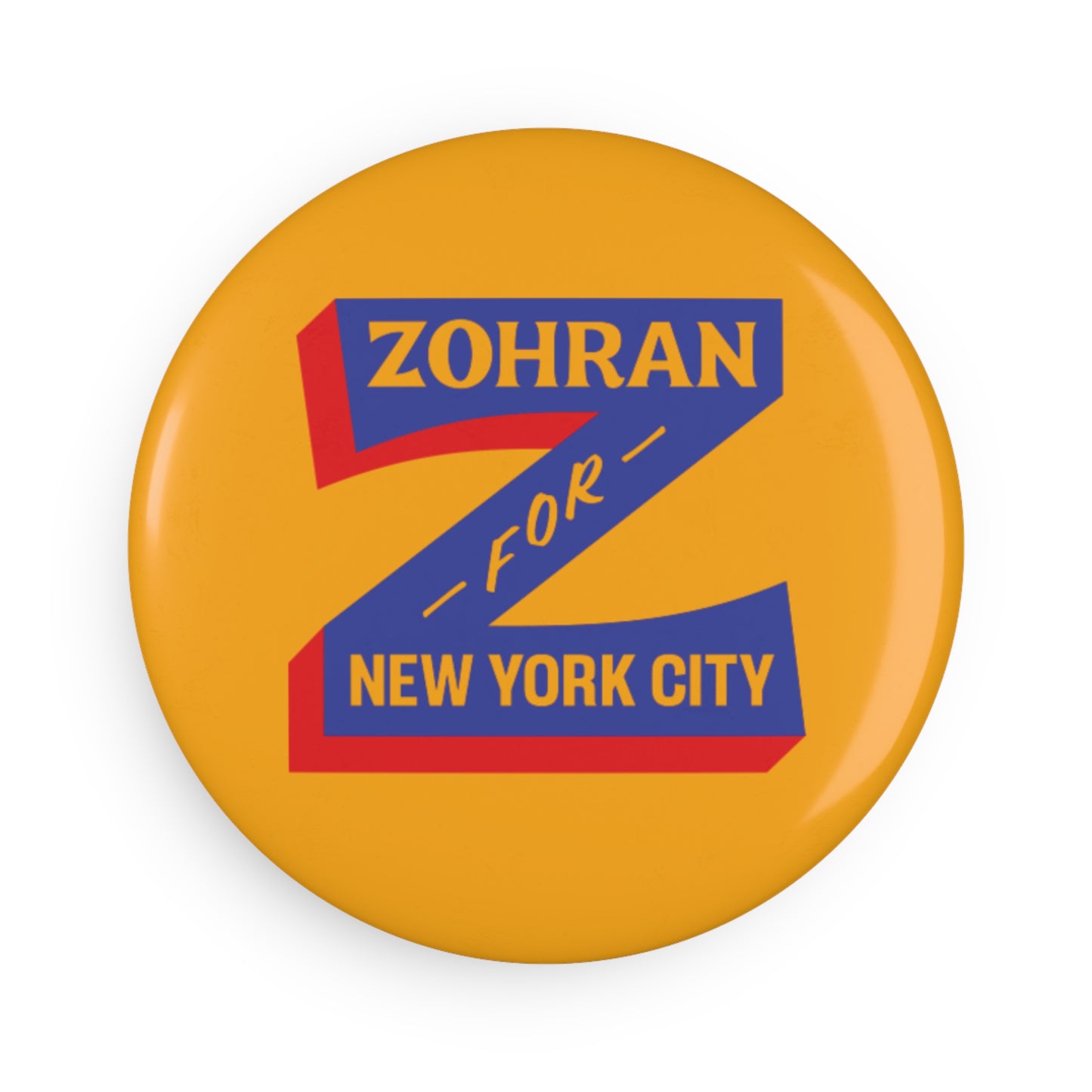 Button: "Zohran for New York City," in Blue Z on Yellow Background