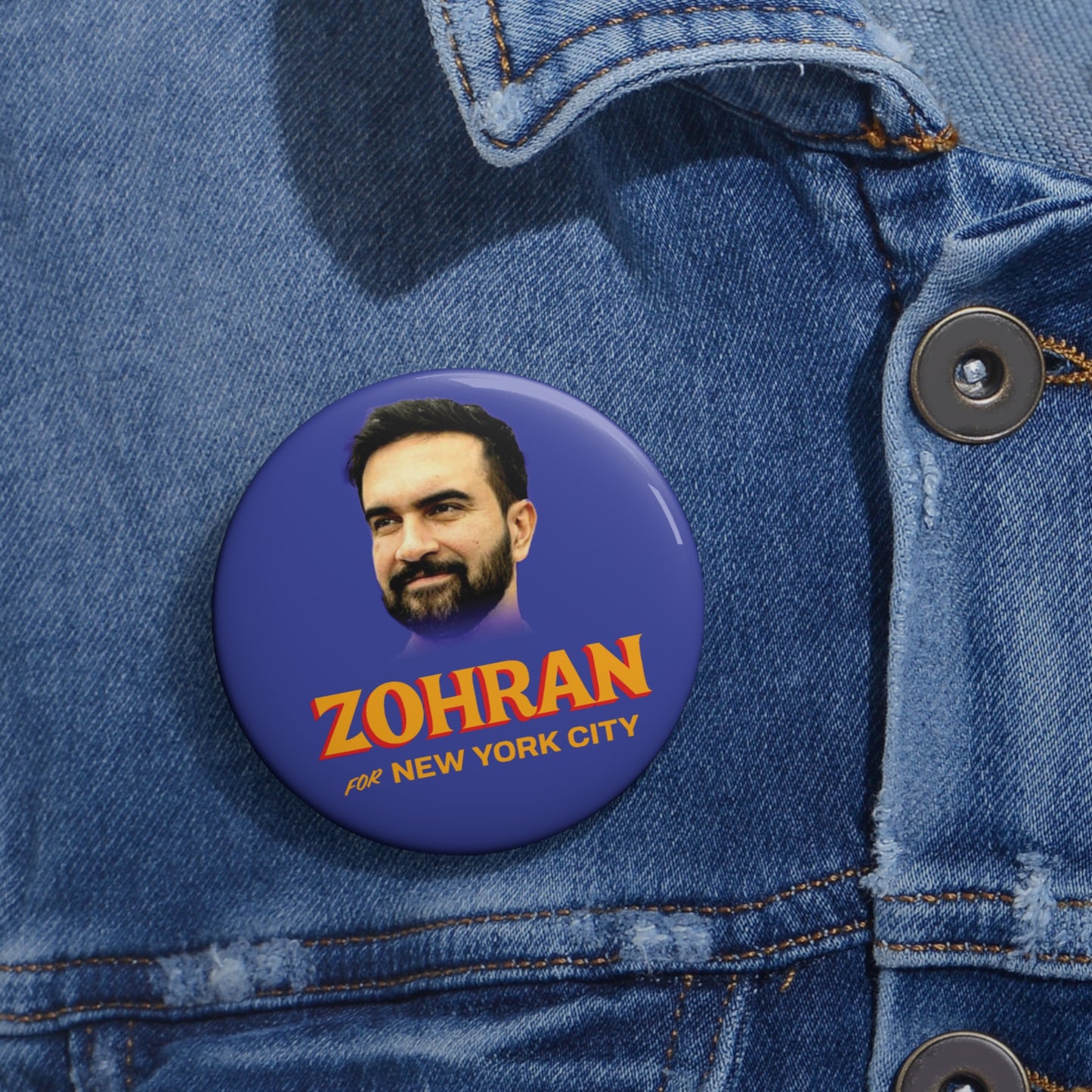 Button: "Zohran for New York City," with Zohran Mamdani Photo