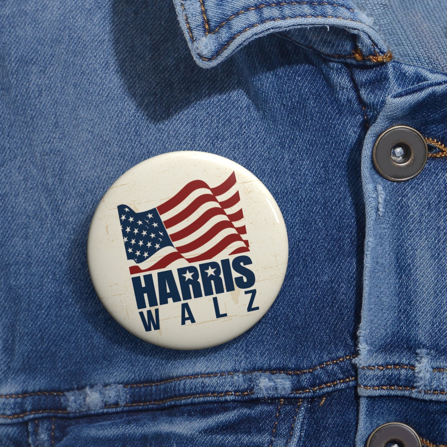 Button: Harris Walz with Waving Flag