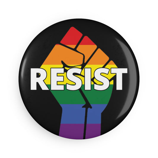 Button: "Resist:" Rainbow Fist on Black Background