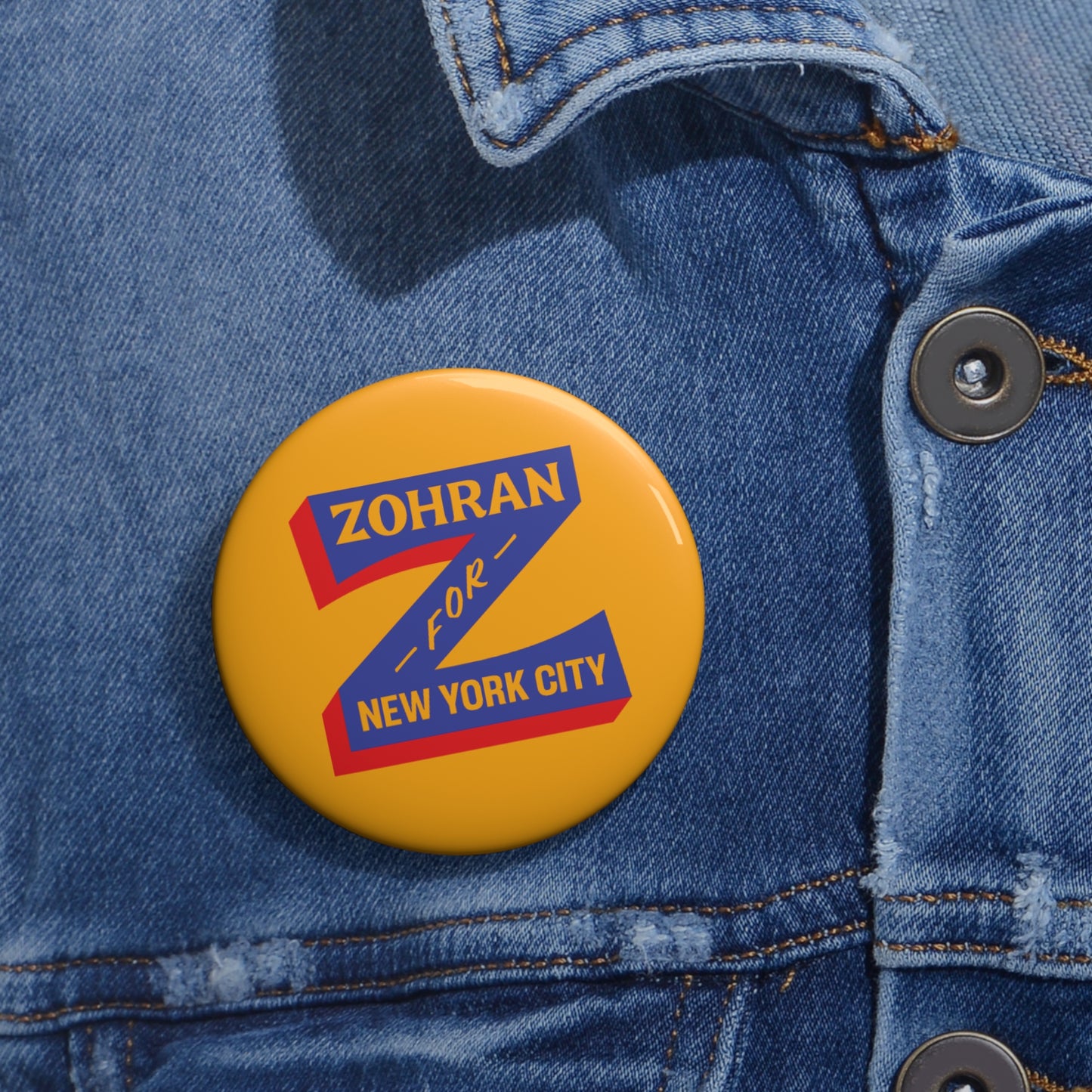 Button: "Zohran for New York City," in Blue Z on Yellow Background